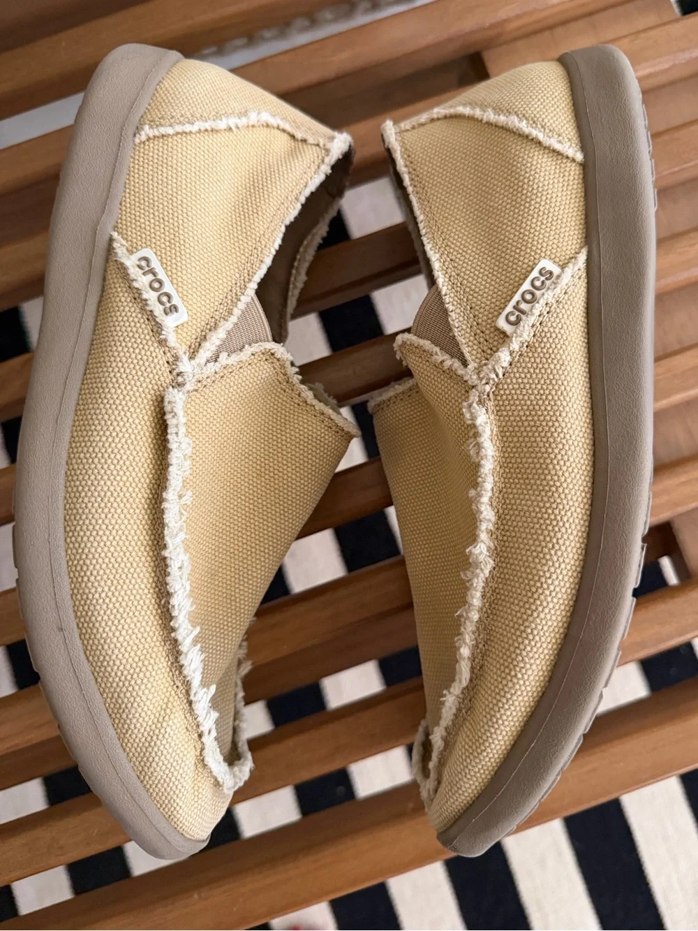 CROCS Beige Canvas Slip-On Shoes with Frayed Trim